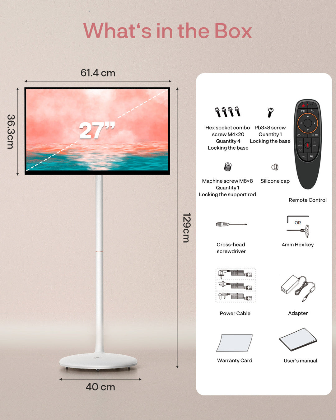 32" Portable Battery-Powered Smart TV on Wheels with Touchscreen (Rolling TV Series)