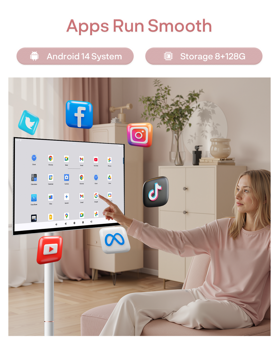 32" Portable Battery-Powered Smart TV on Wheels with Touchscreen (Rolling TV Series)