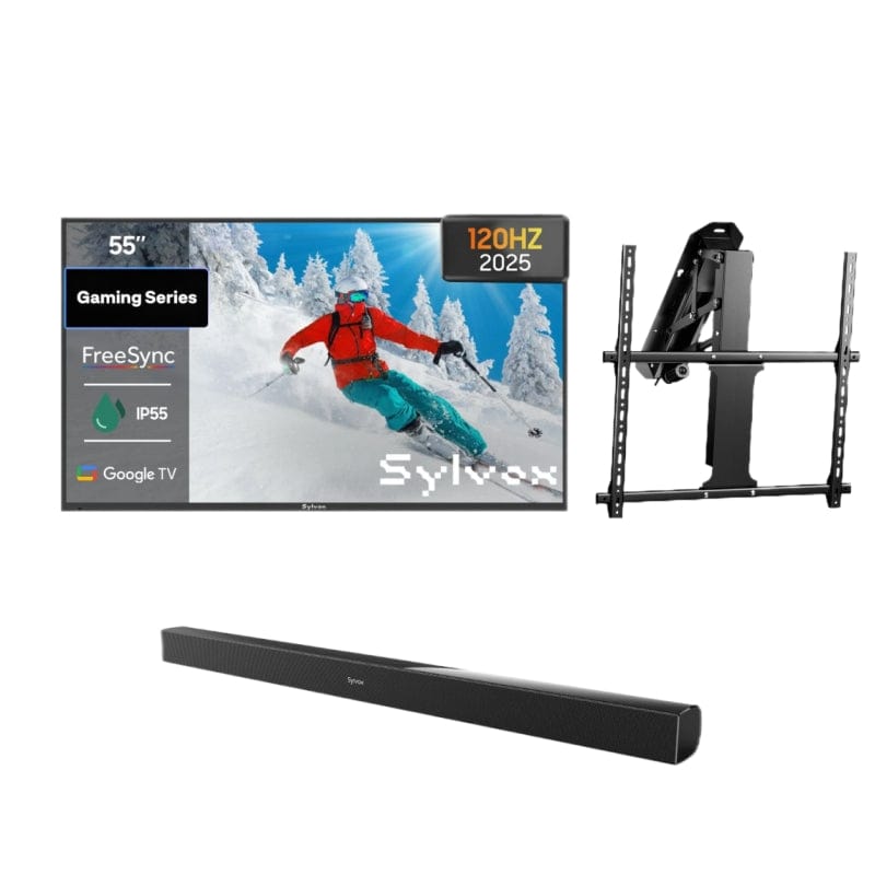 55 inch outdoor gaming TV bundle with mortorized ceiling mount and soundbar, weatherproof television for patio, backyard or garden entertainment