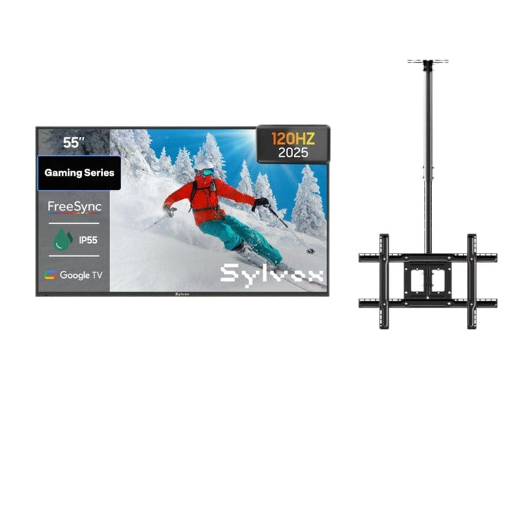 55 inch outdoor gaming TV with ceiling mount, weatherproof television for patio and backyard