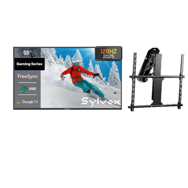 55 inch outdoor gaming TV with mortorized ceiling mount, weatherproof television for patio and backyard