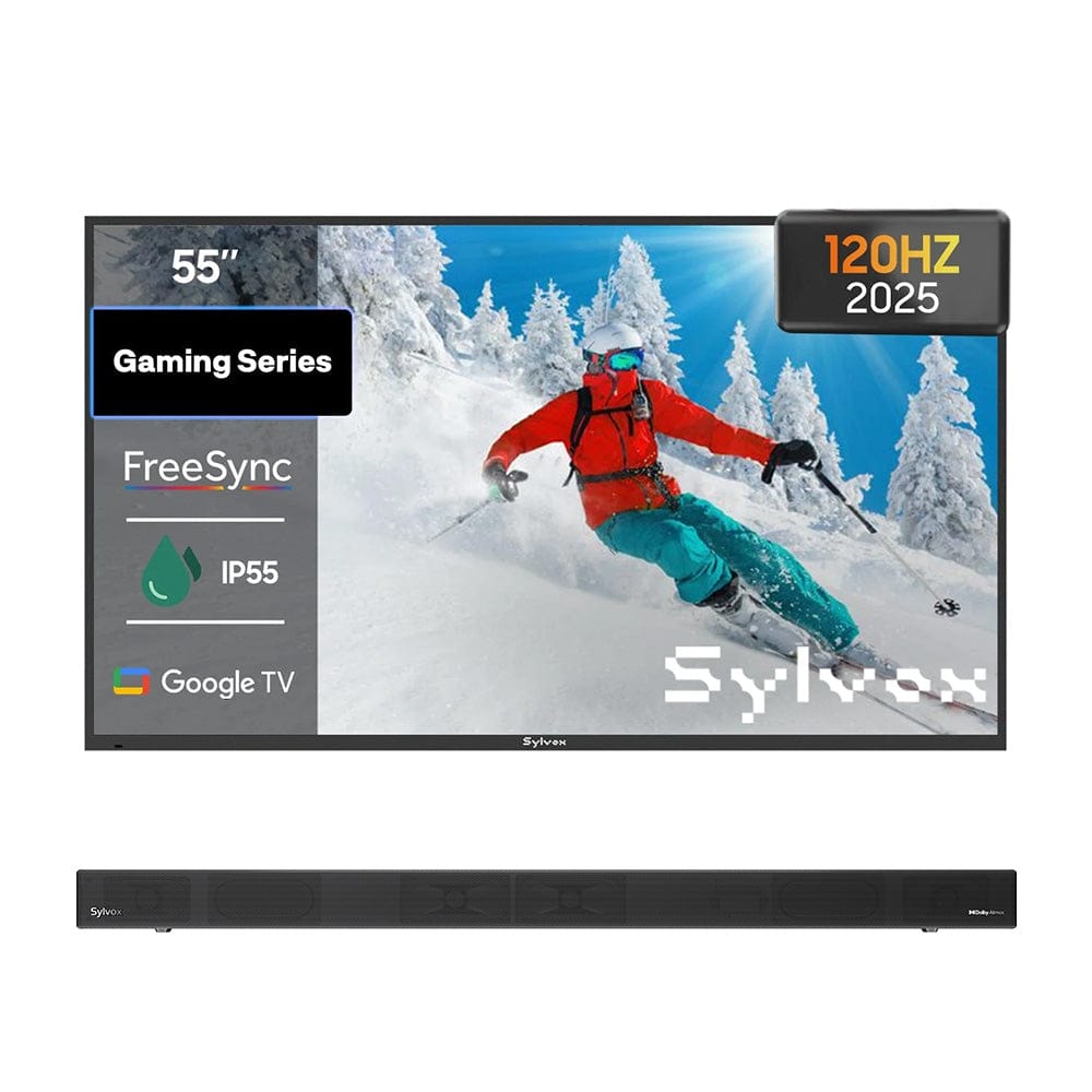 55 inch outdoor gaming TV with soundbar, weatherproof television for patio, backyard or garden entertainment