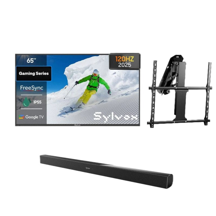 65 inch outdoor gaming TV bundle with mortorized ceiling mount and soundbar, weatherproof television for patio, backyard or garden entertainment