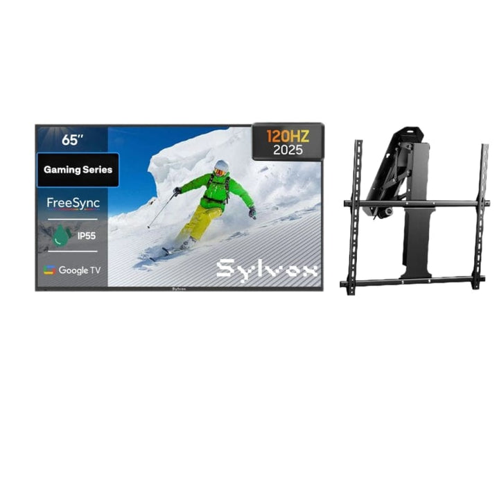 65 inch outdoor gaming TV with mortorized ceiling mount, weatherproof television for patio and backyard