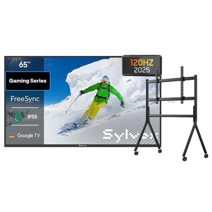 65 inch outdoor gaming TV bundle with rolling tv cart and soundbar, weatherproof television for patio, backyard or garden entertainment