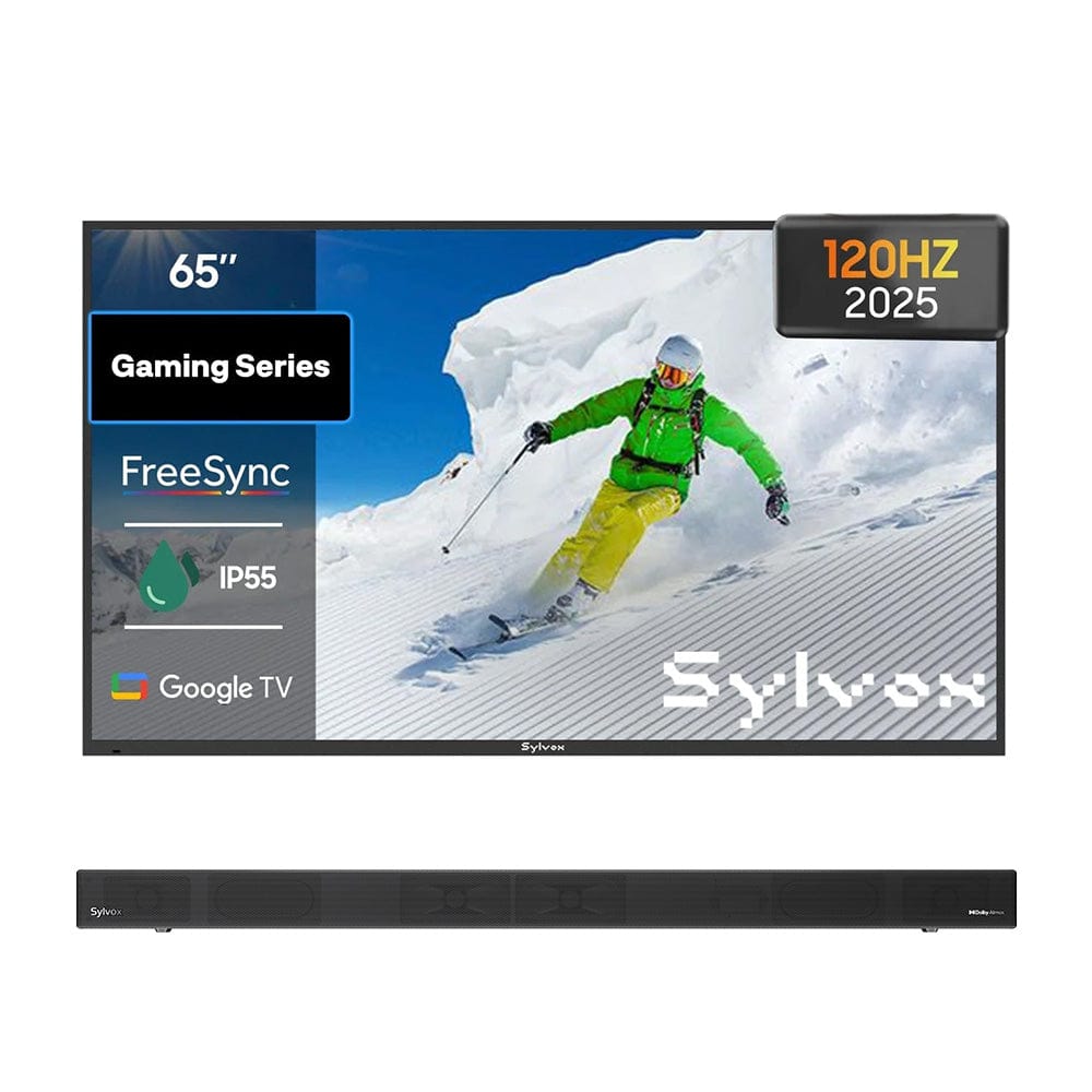 65 inch outdoor gaming TV with soundbar, weatherproof television for patio, backyard or garden entertainment